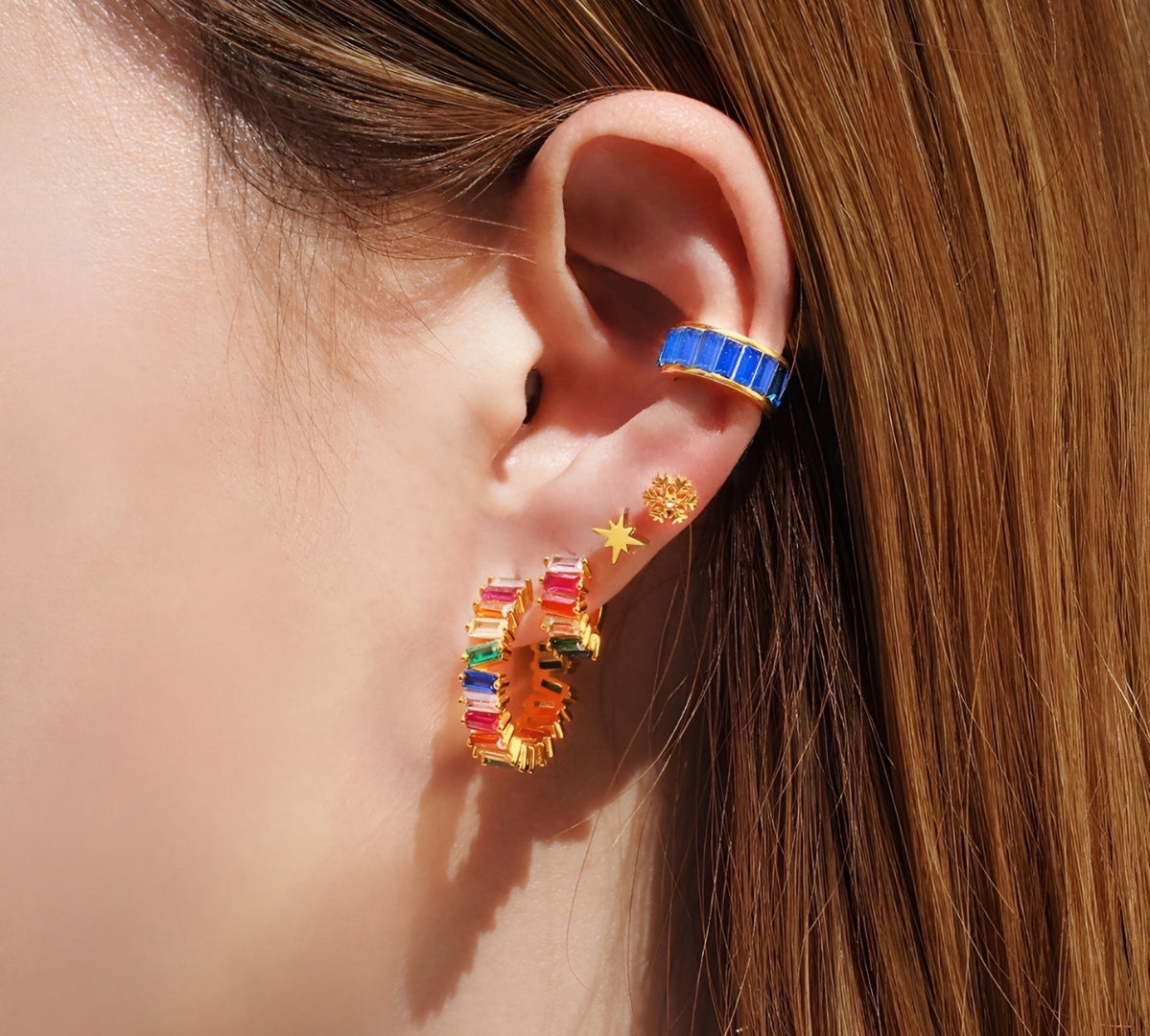 Crystal Rainbow Baguette 25 mm Hoop Earrings