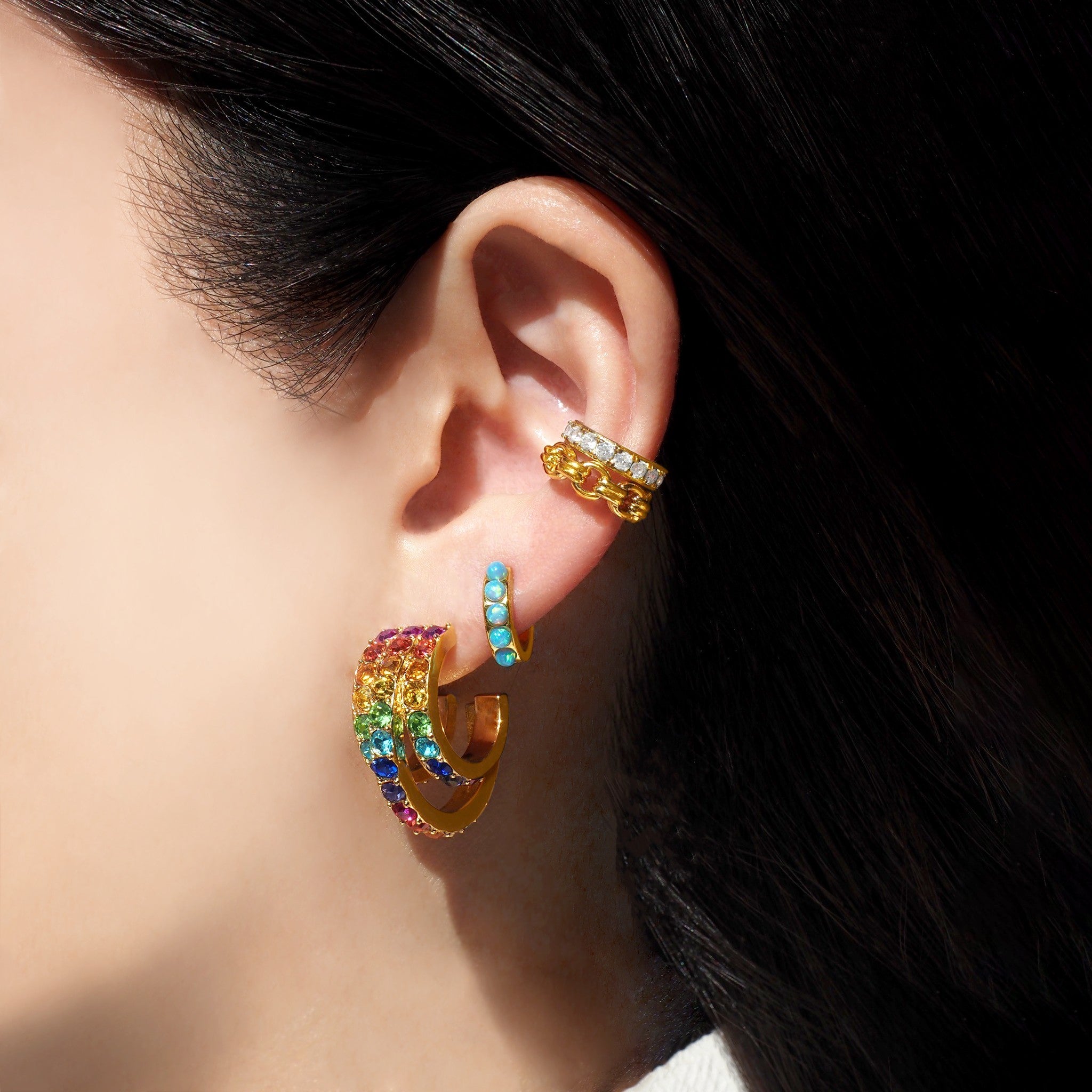 Crystal Rainbow Tripple Loop Stud Earrings