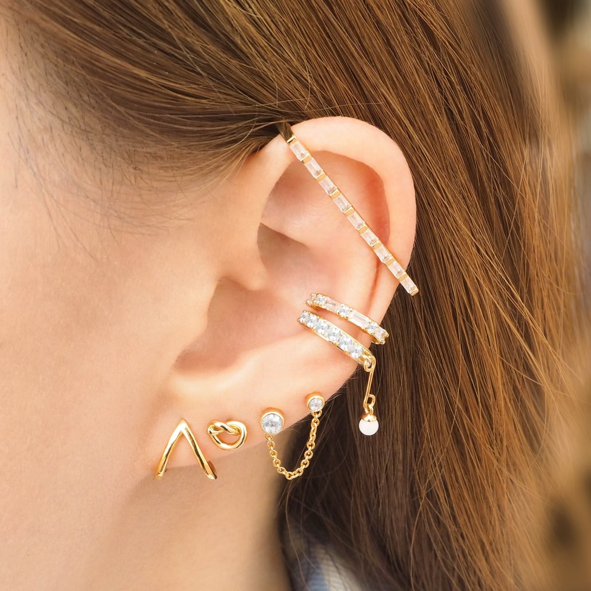 Bezel Double Chain Stud Earrings