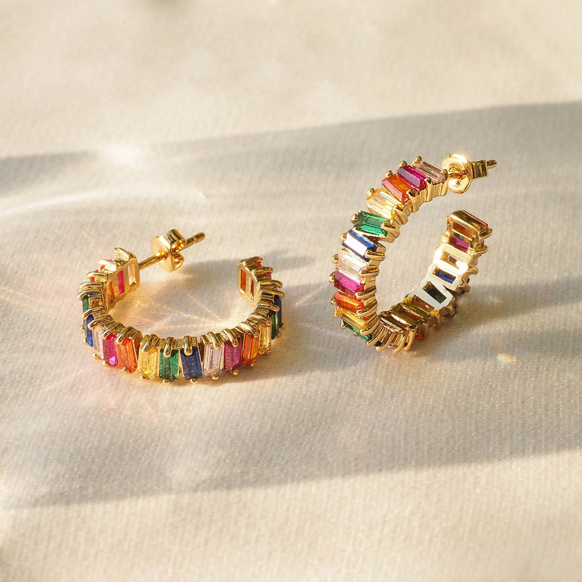 Rainbow baguette hoop earrings on sale