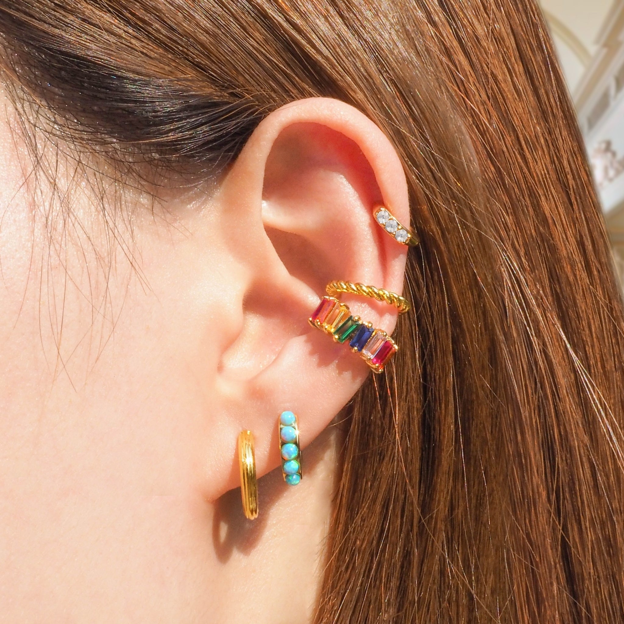 Blue Opal Huggie Hoop Earrings