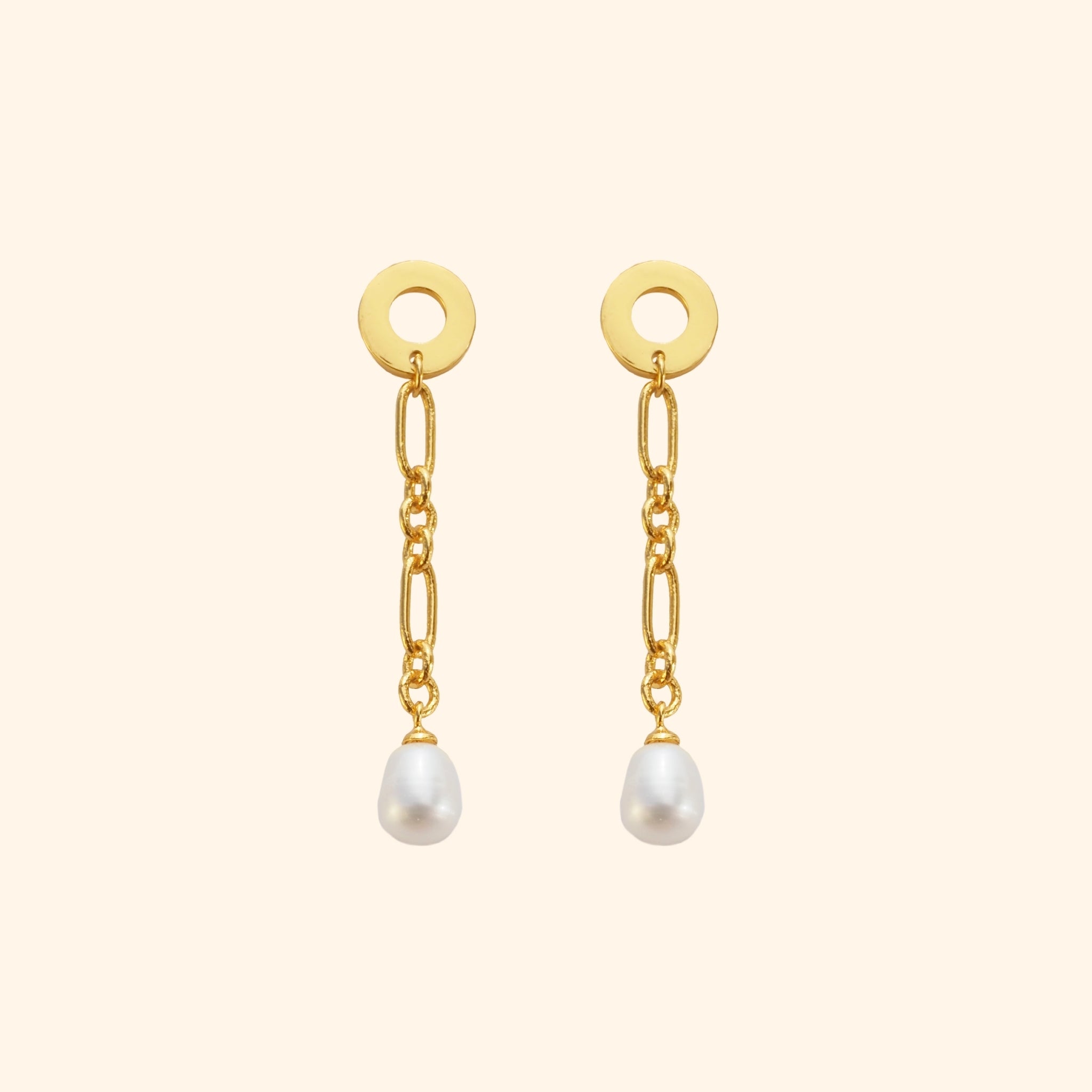 Circle With Link Chain Pearl Stud Earrings
