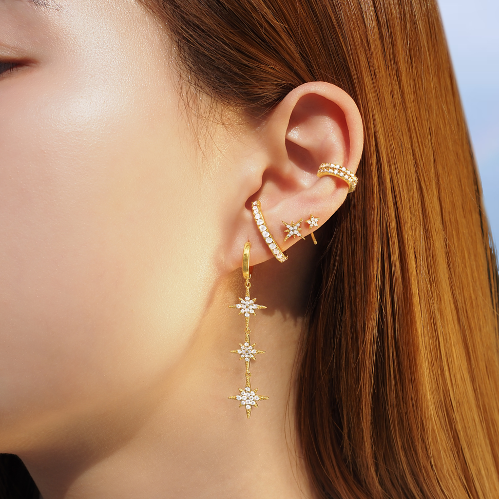 Triple Crystal Starburst Huggie Hoop Earrings