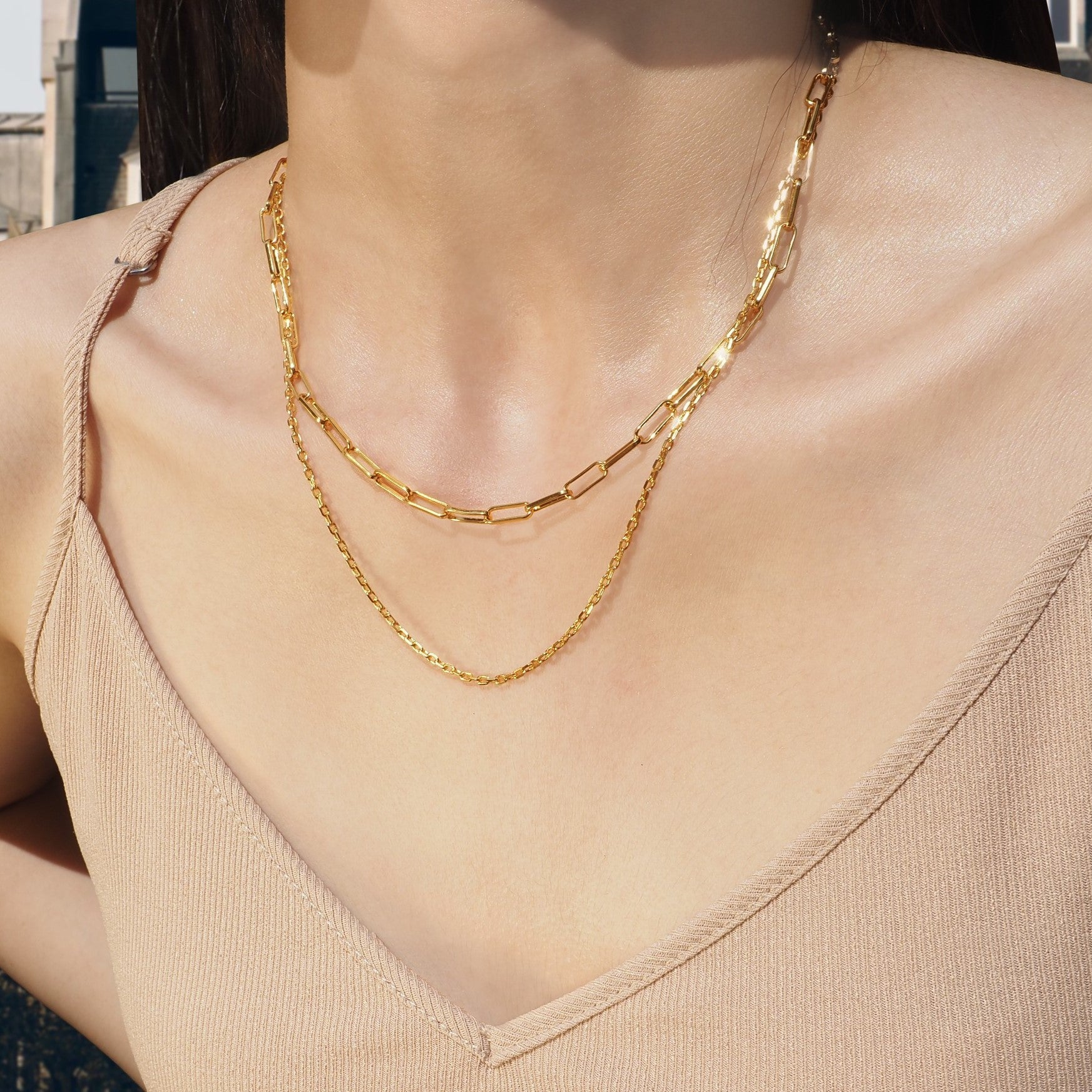 Double Layer Link Chain And Minimal Choker Necklace