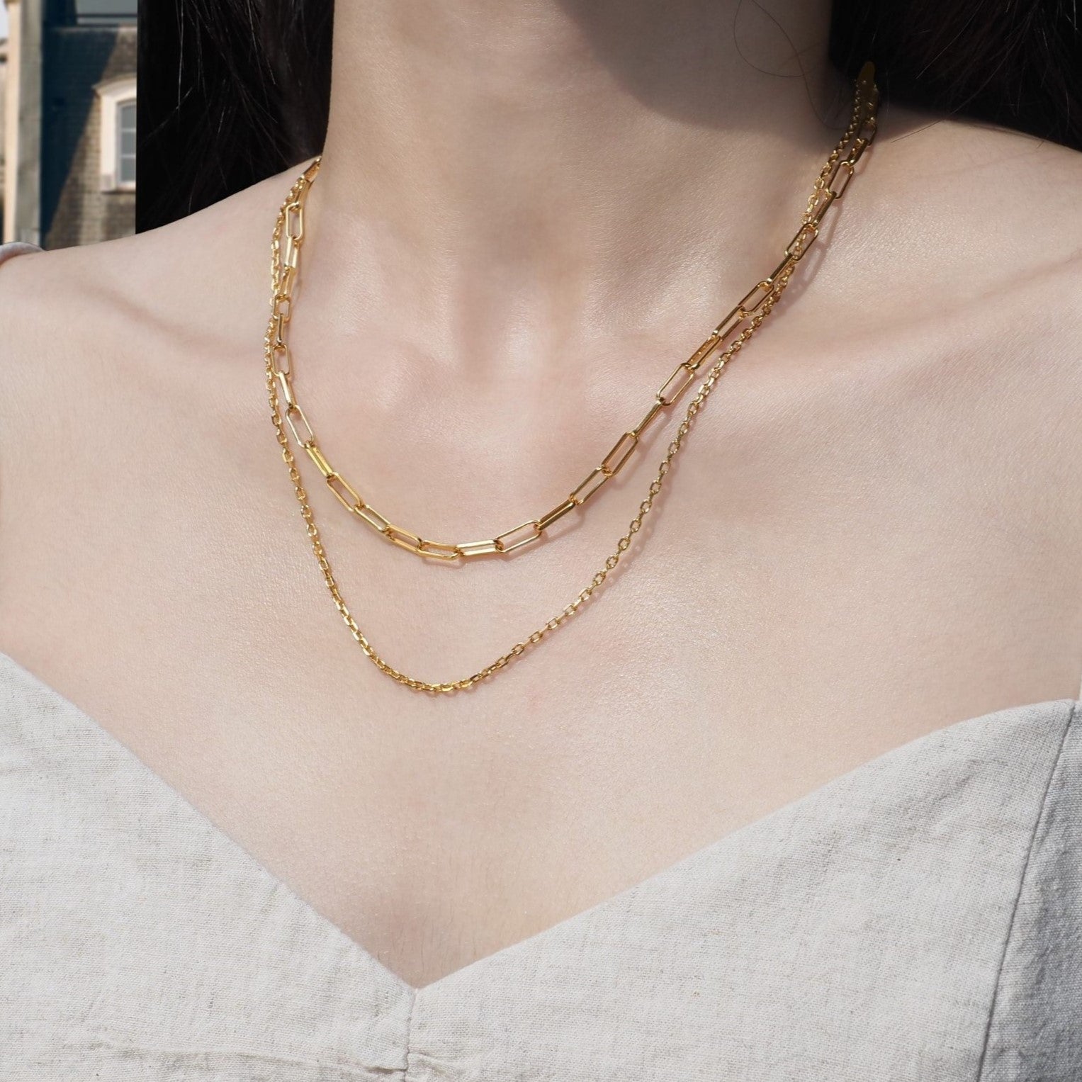 Double Layer Link Chain And Minimal Choker Necklace