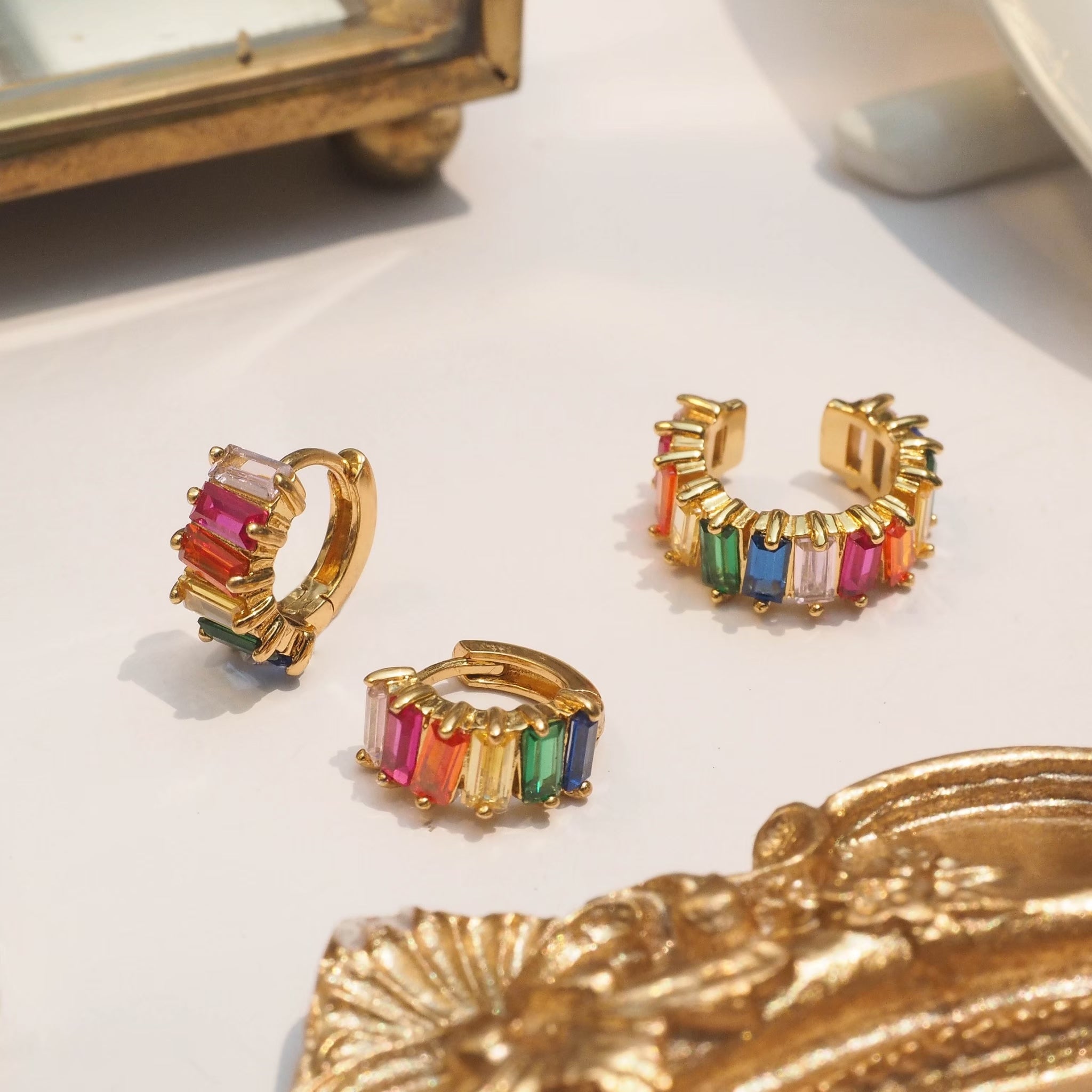 Lux Rainbow Baguette Huggie Hoop Earrings