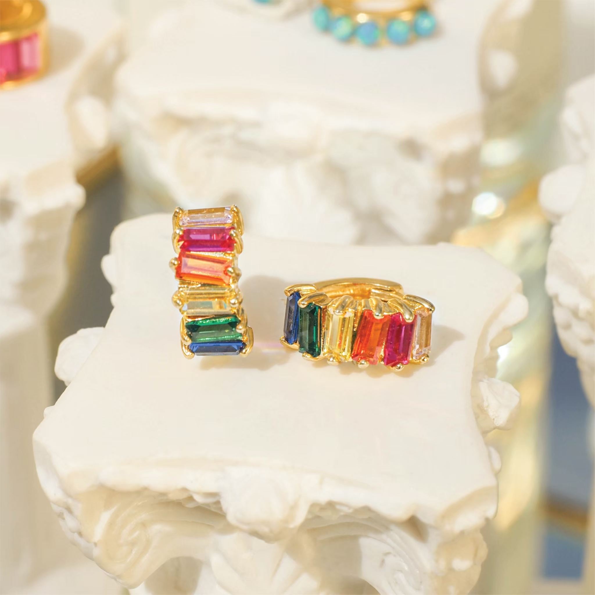 Lux Rainbow Baguette Huggie Hoop Earrings