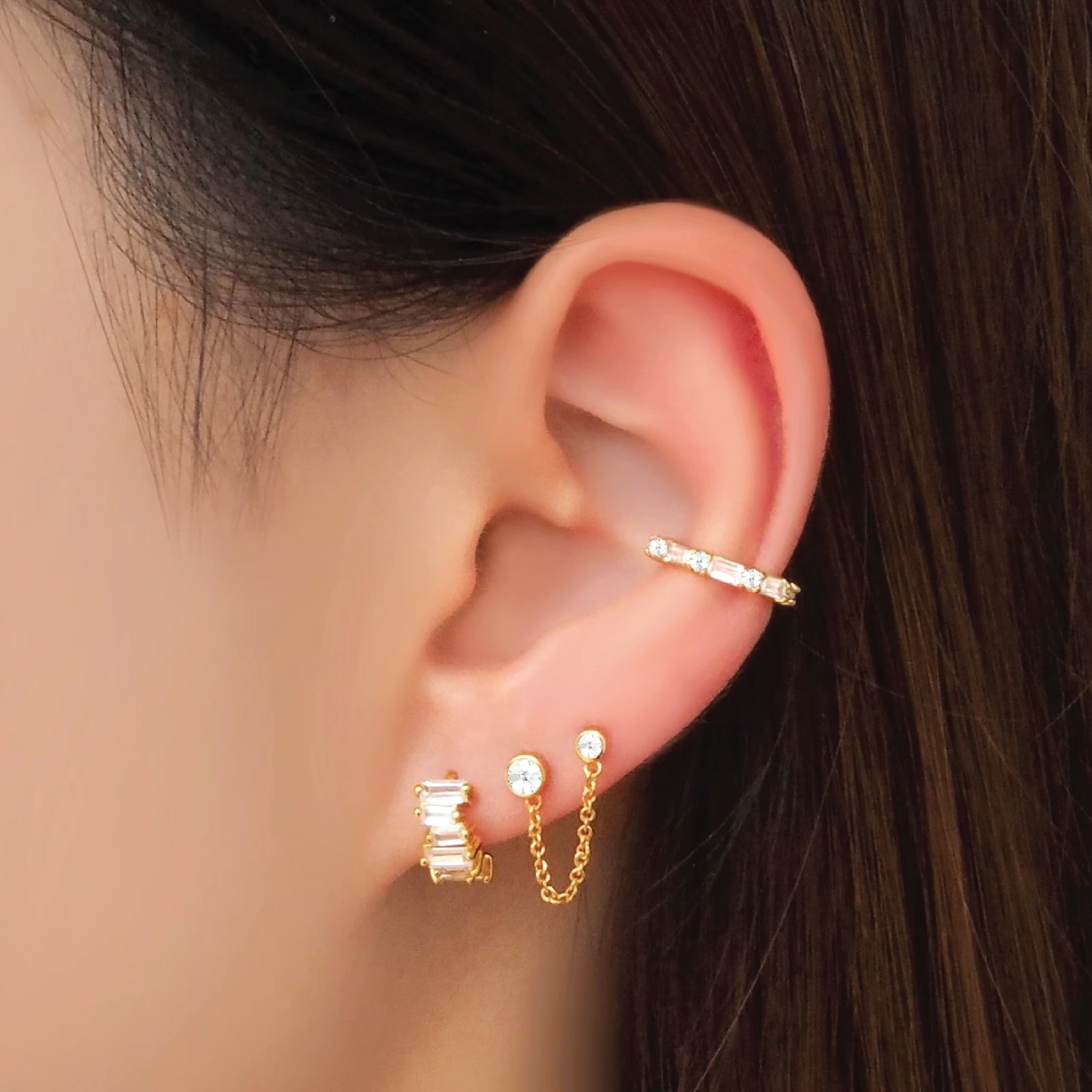 Bezel Double Chain Stud Earrings