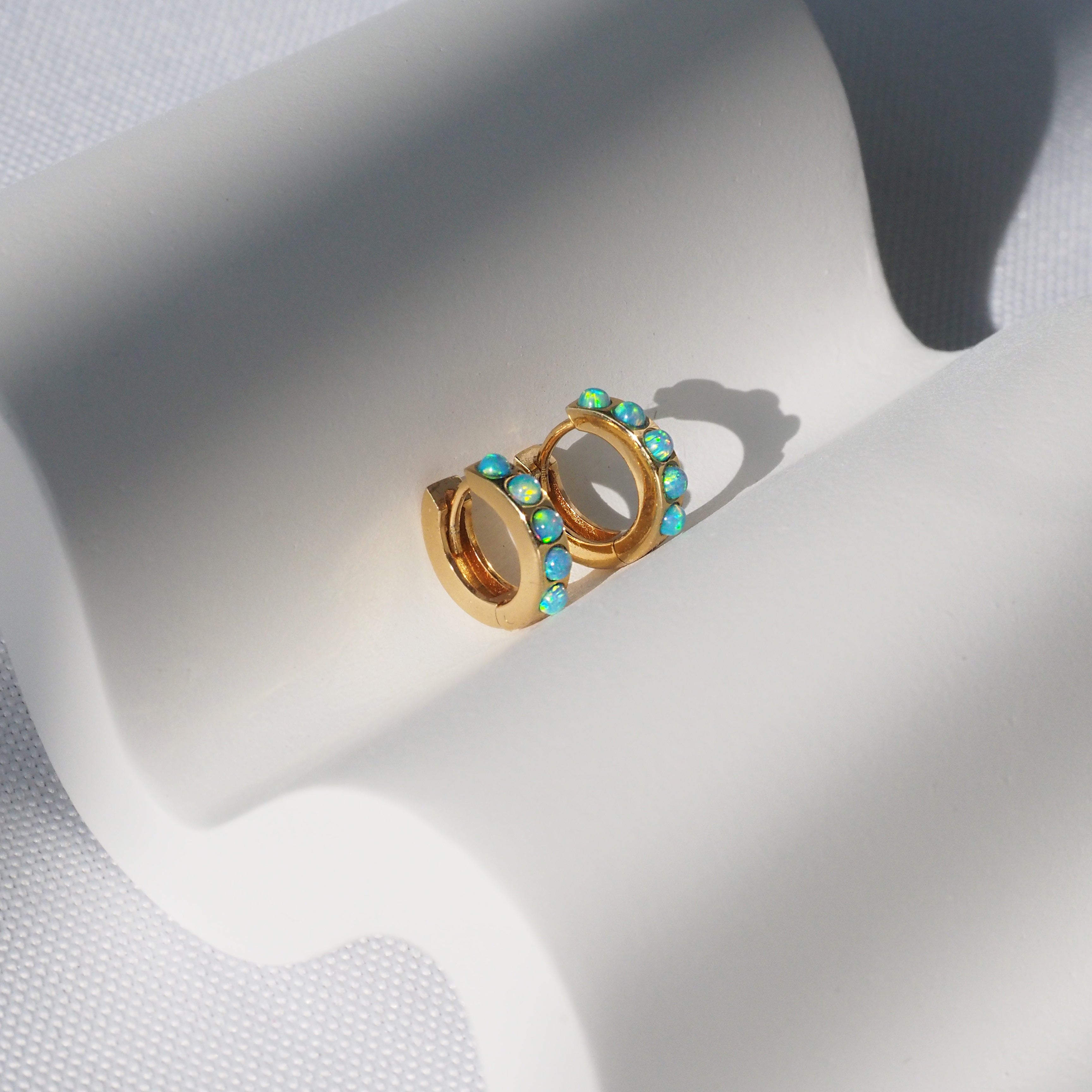 Blue Opal Huggie Hoop Earrings